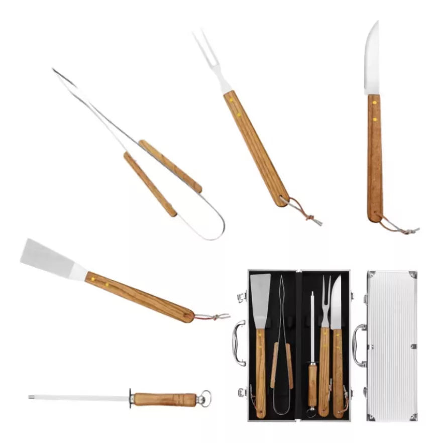 Kit Churrasco Chef's 5 Pcs Inox Com Maleta Alumínio Top