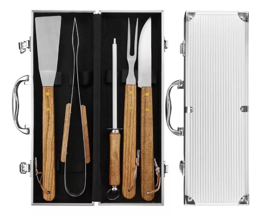 Kit Churrasco Chef's 5 Pcs Inox Com Maleta Alumínio Top