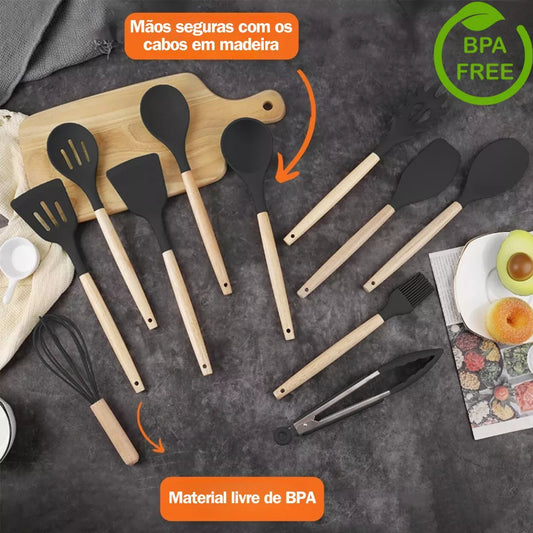 Kit Conjunto Utensílios Silicone Facas Tabua De Cortar 19pç