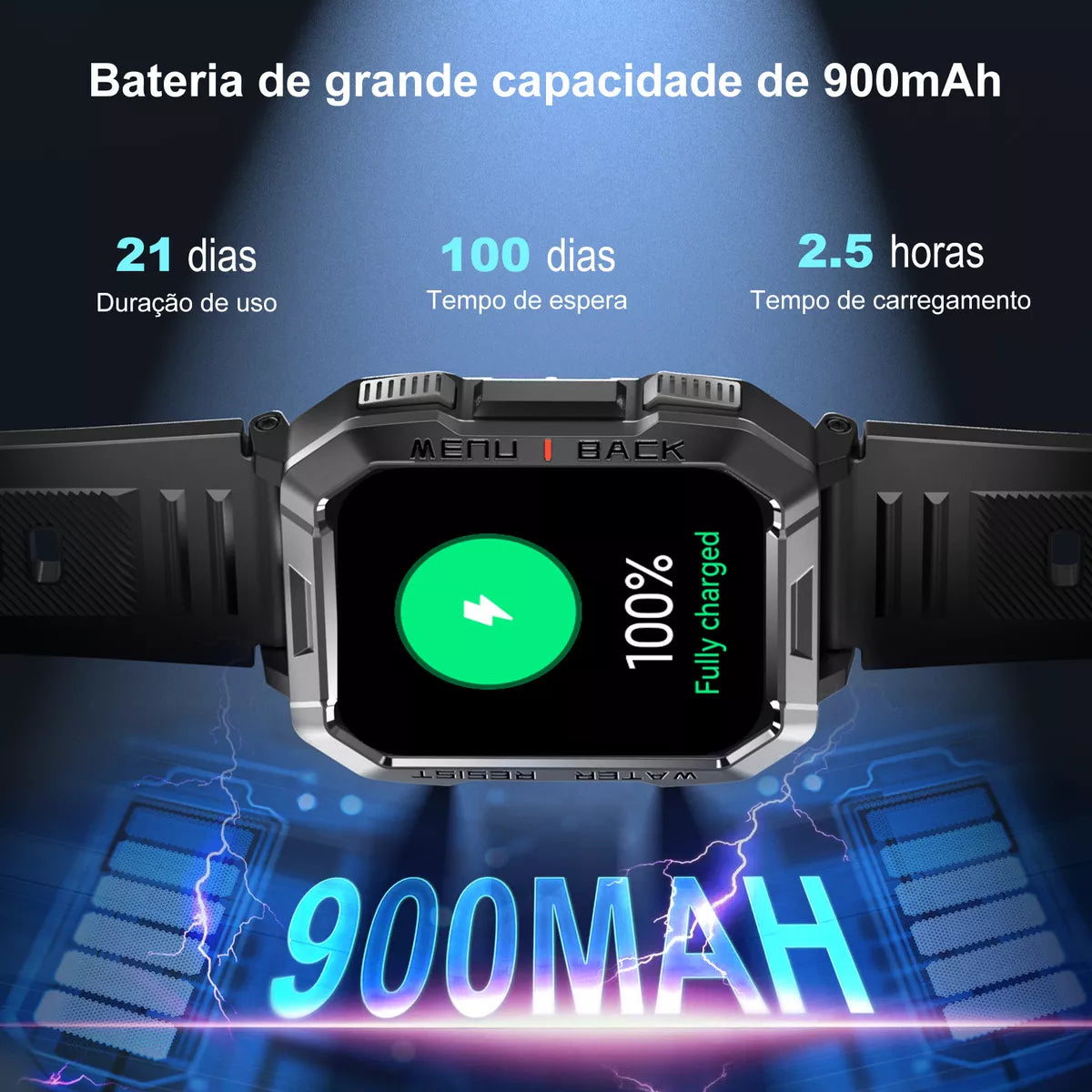 Blb Smart Watch Smart Watch W60 Lanterna Bluetooth militar masculina de 2,1 polegadas IP68 à prova d'água 900 mAh bateria preta