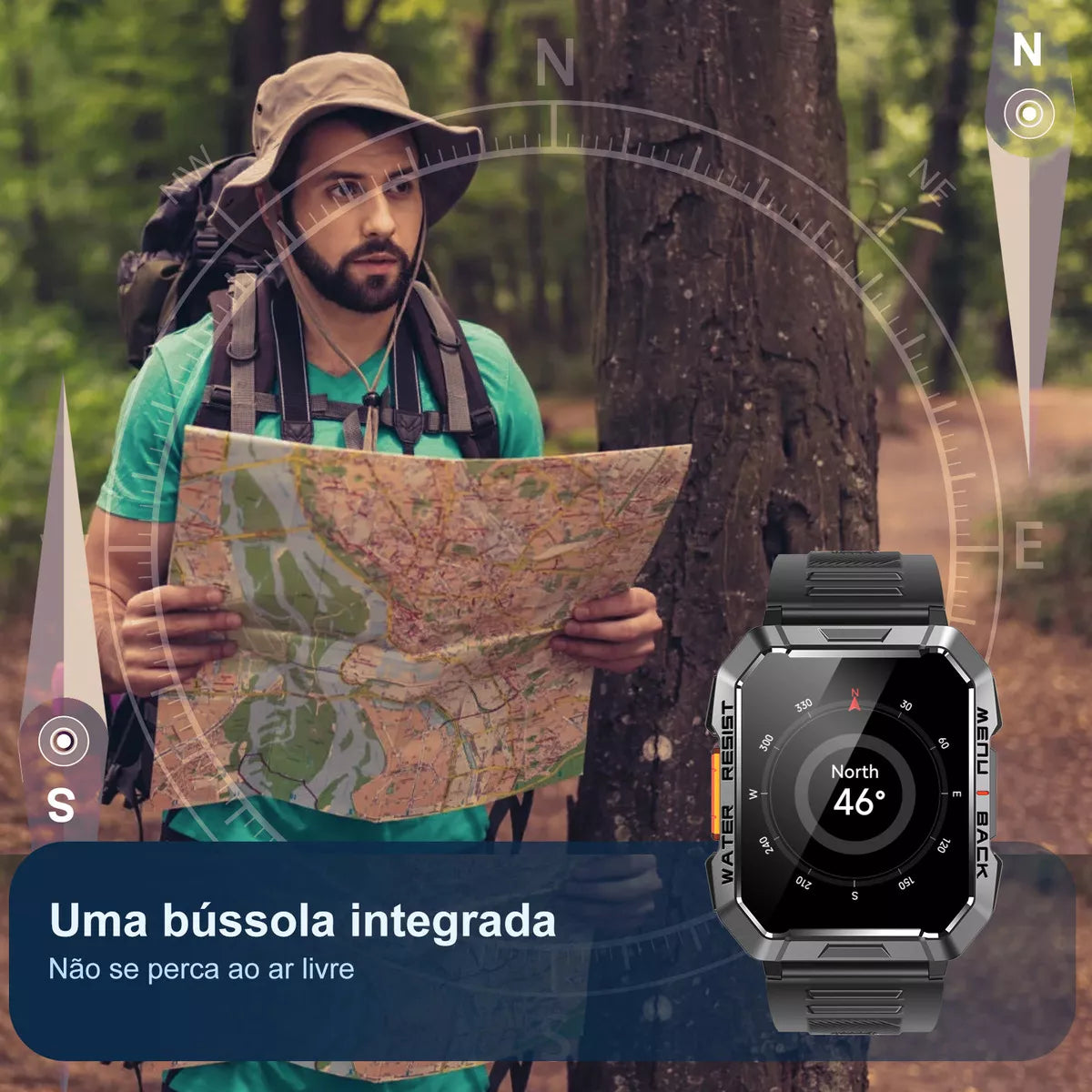 Blb Smart Watch Smart Watch W60 Lanterna Bluetooth militar masculina de 2,1 polegadas IP68 à prova d'água 900 mAh bateria preta