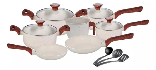 Jogo De Panelas Indução Conjunto 10 Peças Fundo Triplo Pratic Cook Marmol Vanilla Mimo Style
