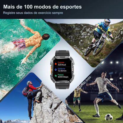 Blb Smart Watch Smart Watch W60 Lanterna Bluetooth militar masculina de 2,1 polegadas IP68 à prova d'água 900 mAh bateria preta