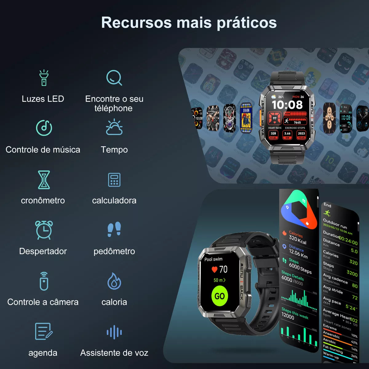 Blb Smart Watch Smart Watch W60 Lanterna Bluetooth militar masculina de 2,1 polegadas IP68 à prova d'água 900 mAh bateria preta