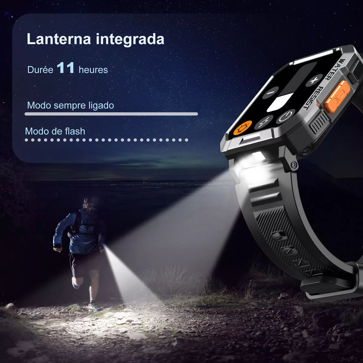 Blb Smart Watch Smart Watch W60 Lanterna Bluetooth militar masculina de 2,1 polegadas IP68 à prova d'água 900 mAh bateria preta