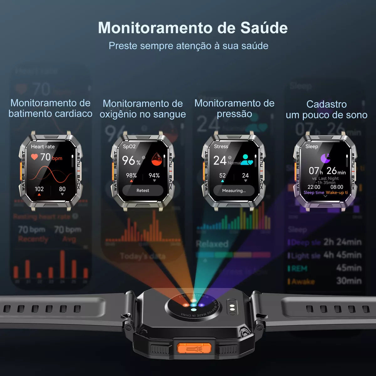 Blb Smart Watch Smart Watch W60 Lanterna Bluetooth militar masculina de 2,1 polegadas IP68 à prova d'água 900 mAh bateria preta
