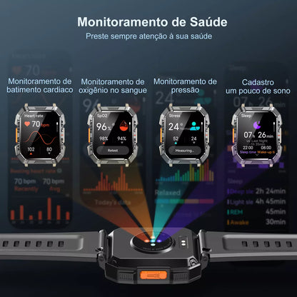 Blb Smart Watch Smart Watch W60 Lanterna Bluetooth militar masculina de 2,1 polegadas IP68 à prova d'água 900 mAh bateria preta