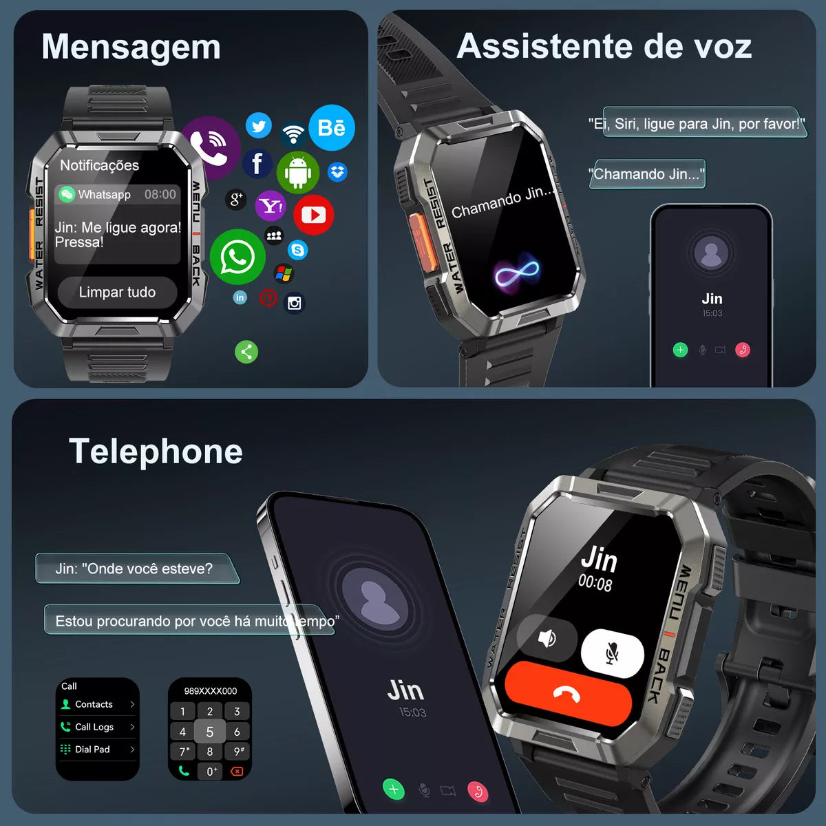 Blb Smart Watch Smart Watch W60 Lanterna Bluetooth militar masculina de 2,1 polegadas IP68 à prova d'água 900 mAh bateria preta
