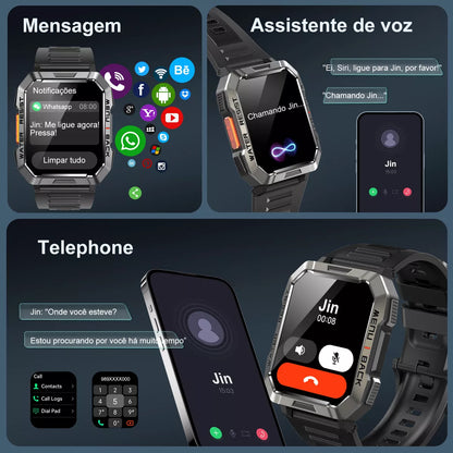 Blb Smart Watch Smart Watch W60 Lanterna Bluetooth militar masculina de 2,1 polegadas IP68 à prova d'água 900 mAh bateria preta